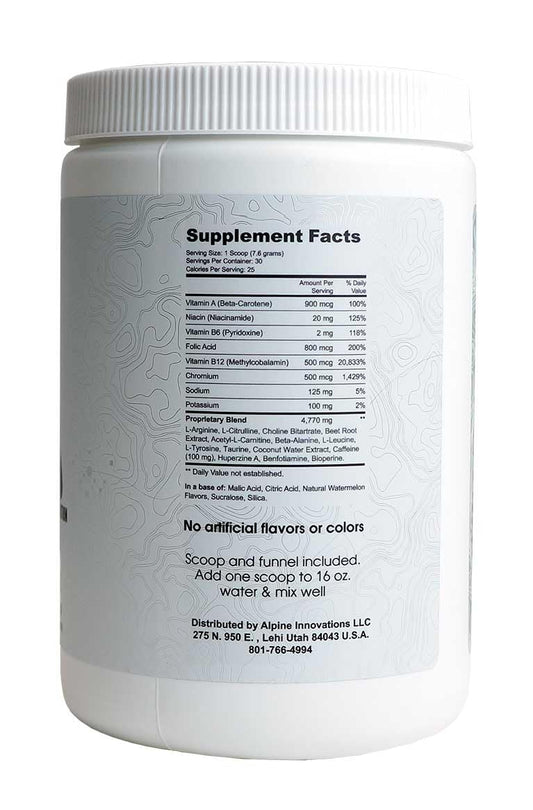 Alpine Innovations Body Fuel Watermelon serving image showing easy mixing and quick focus.