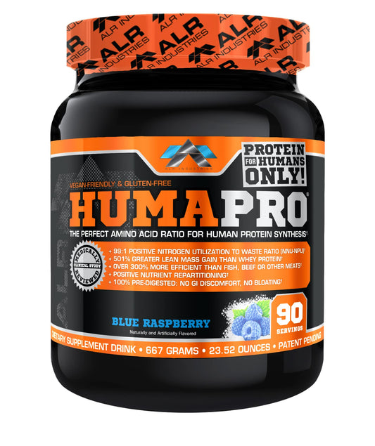 ALR Humapro blue raspberry tub front view highlighting vegan, gluten-free formula for lean muscle.