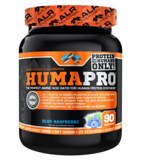 ALR Humapro blue raspberry tub front view highlighting vegan, gluten-free formula for lean muscle.