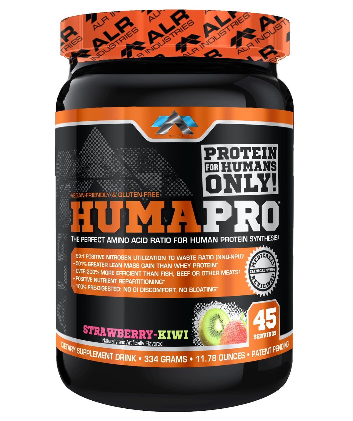 ALR Industries Humapro bottle front, sleek vegan protein matrix for lean muscle support.