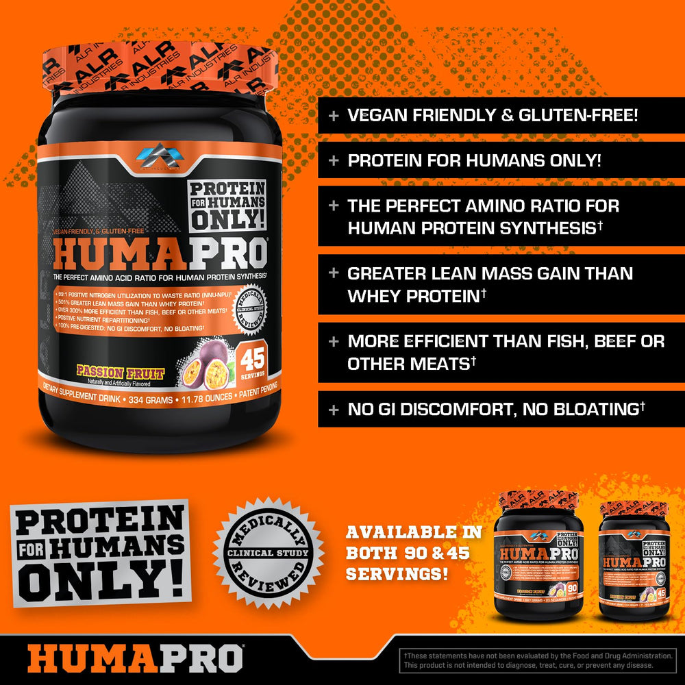 Humapro passion fruit flavor label signals a refreshing vegan option.