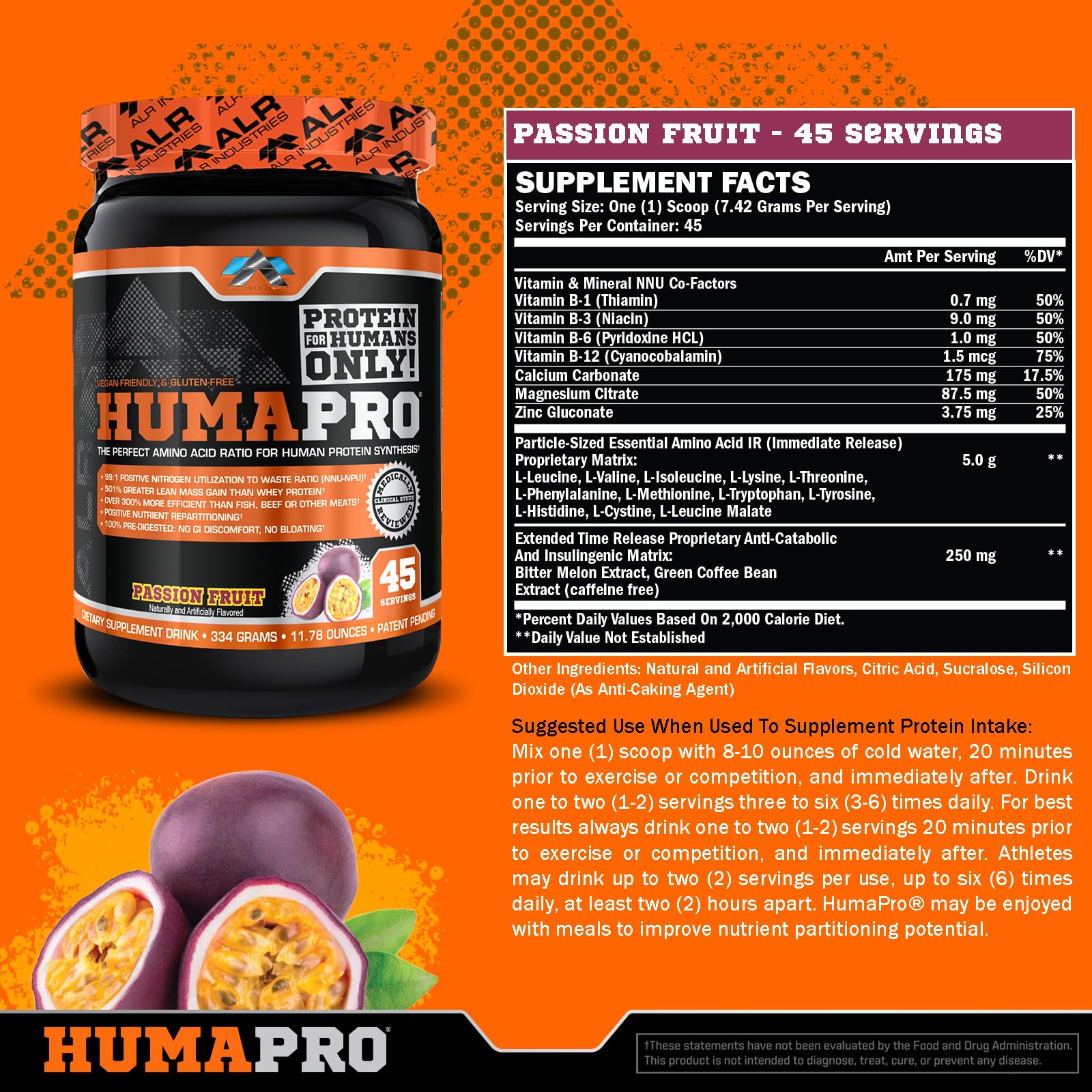 Humapro powder close-up highlighting ultra-concentrated amino blend for efficient nutrition.