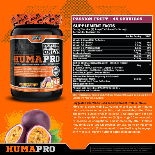 Humapro powder close-up highlighting ultra-concentrated amino blend for efficient nutrition.