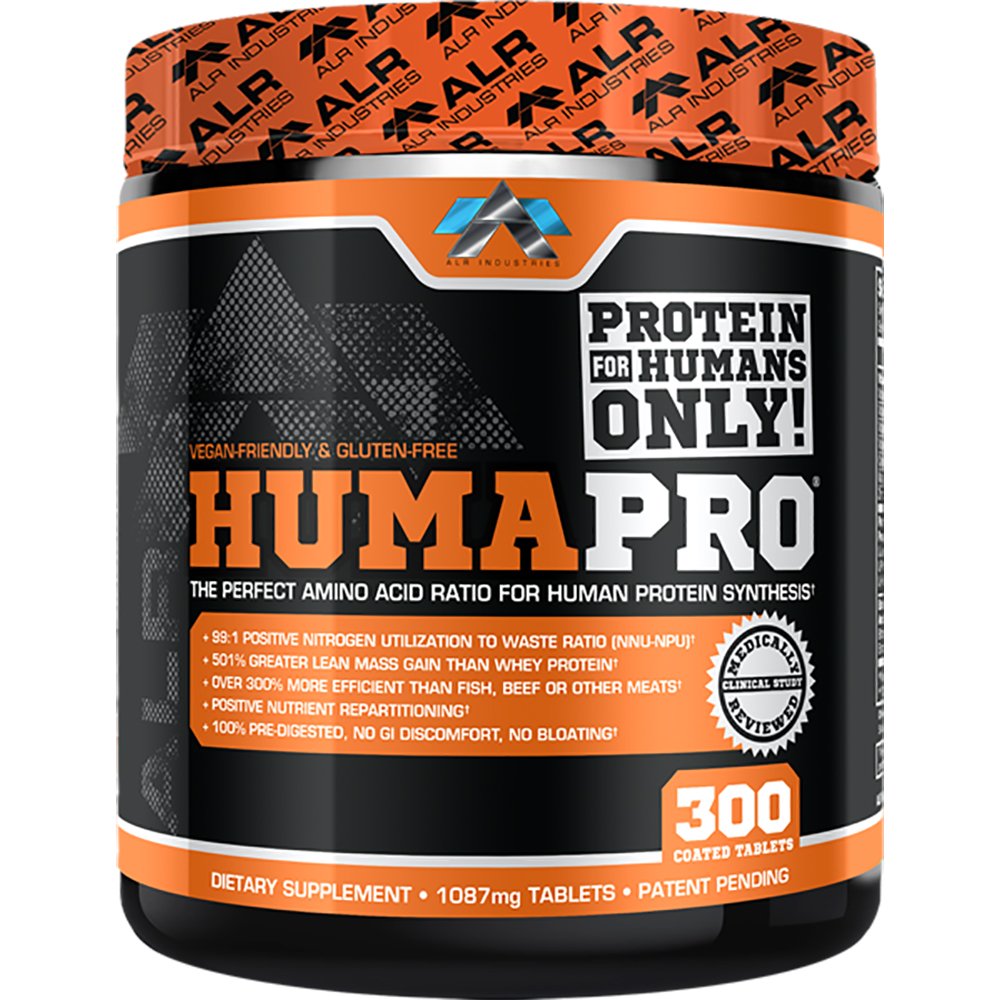 ALR Industries Humapro tablets bottle showing compact vegan protein support for lean muscle.