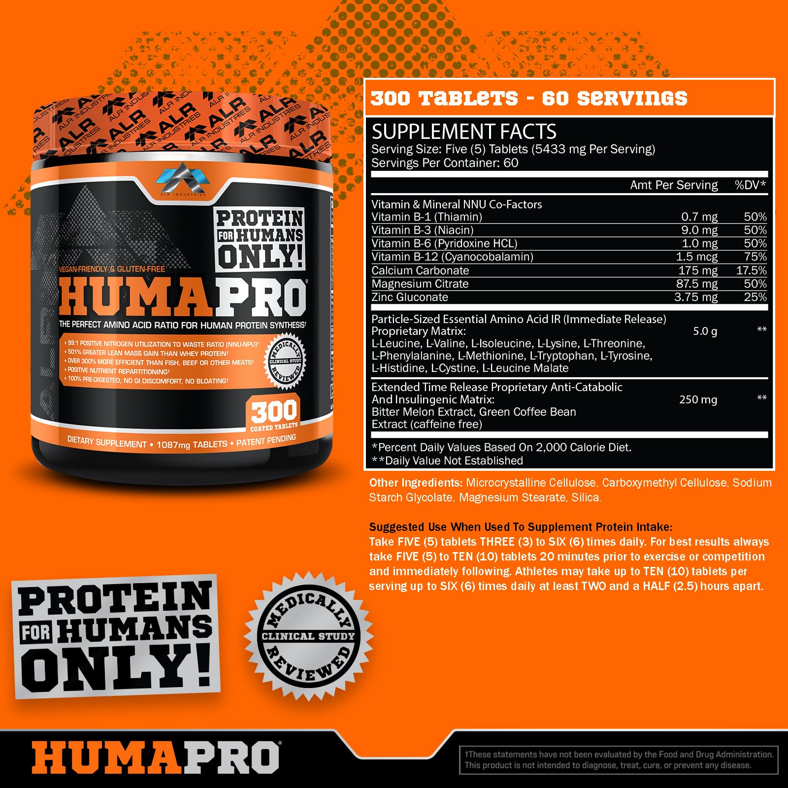 ALR Industries Humapro tablets close-up reveals tablet texture and high-efficiency amino acid matrix.