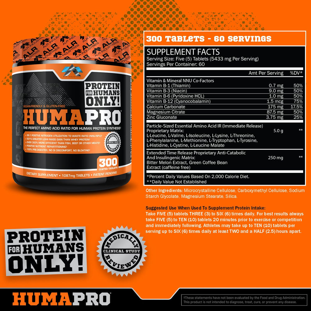 ALR Industries Humapro tablets close-up reveals tablet texture and high-efficiency amino acid matrix.
