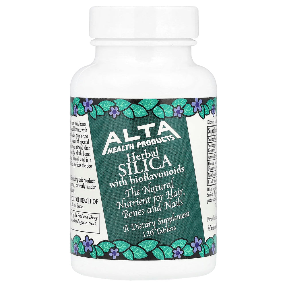 Alta Health Silica bottle front showing packaging; supports hair, skin, and nails.