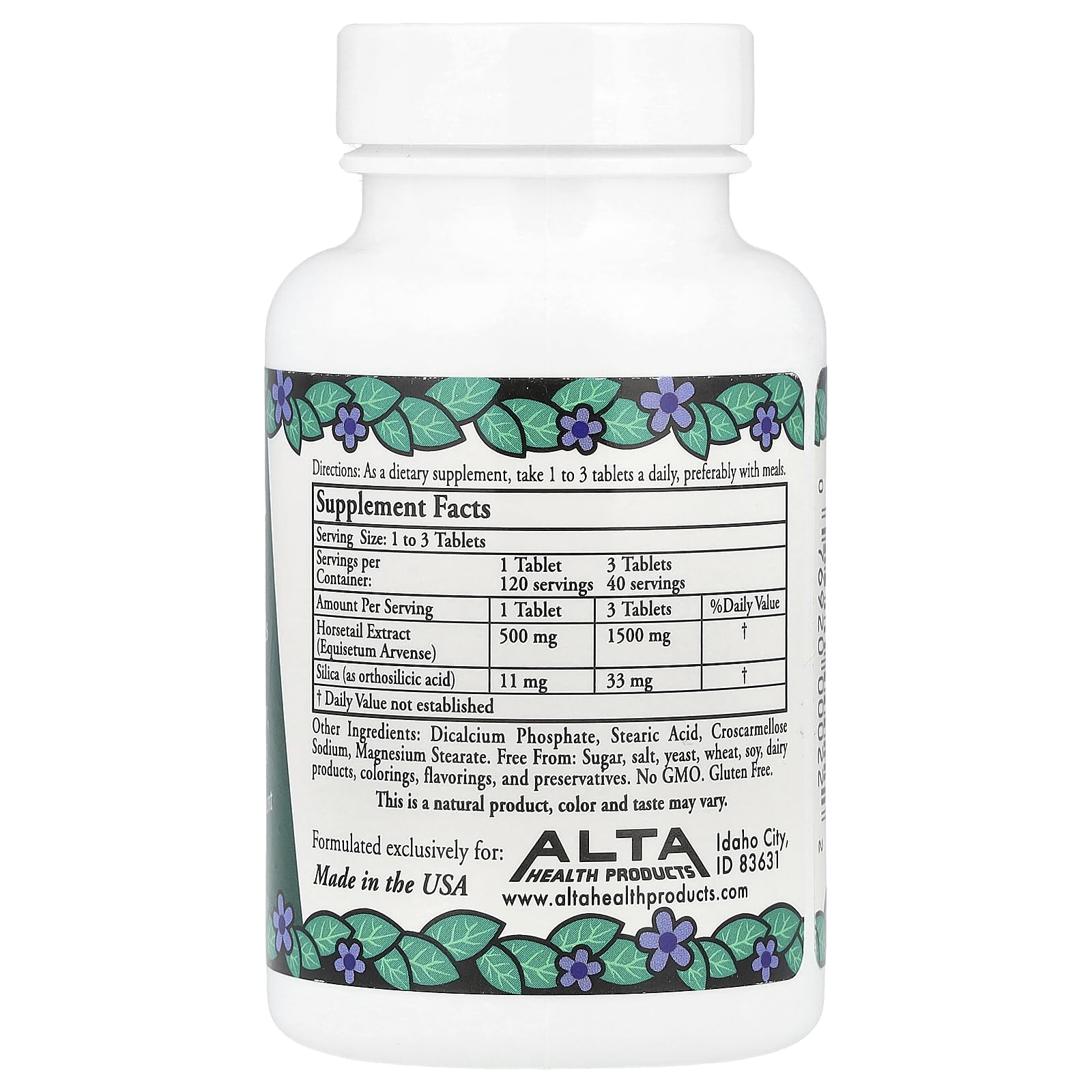 Alta Health Silica tablets closeup; bioflavonoids-enhanced formula for better absorption.