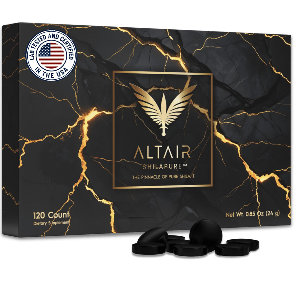 Altair Shilapure tablets in the bottle front highlight purity and long-lasting supply.
