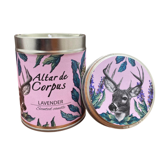 Altar de Corpus 14oz lavender candle in a tin, designed for a long-lasting calm atmosphere.