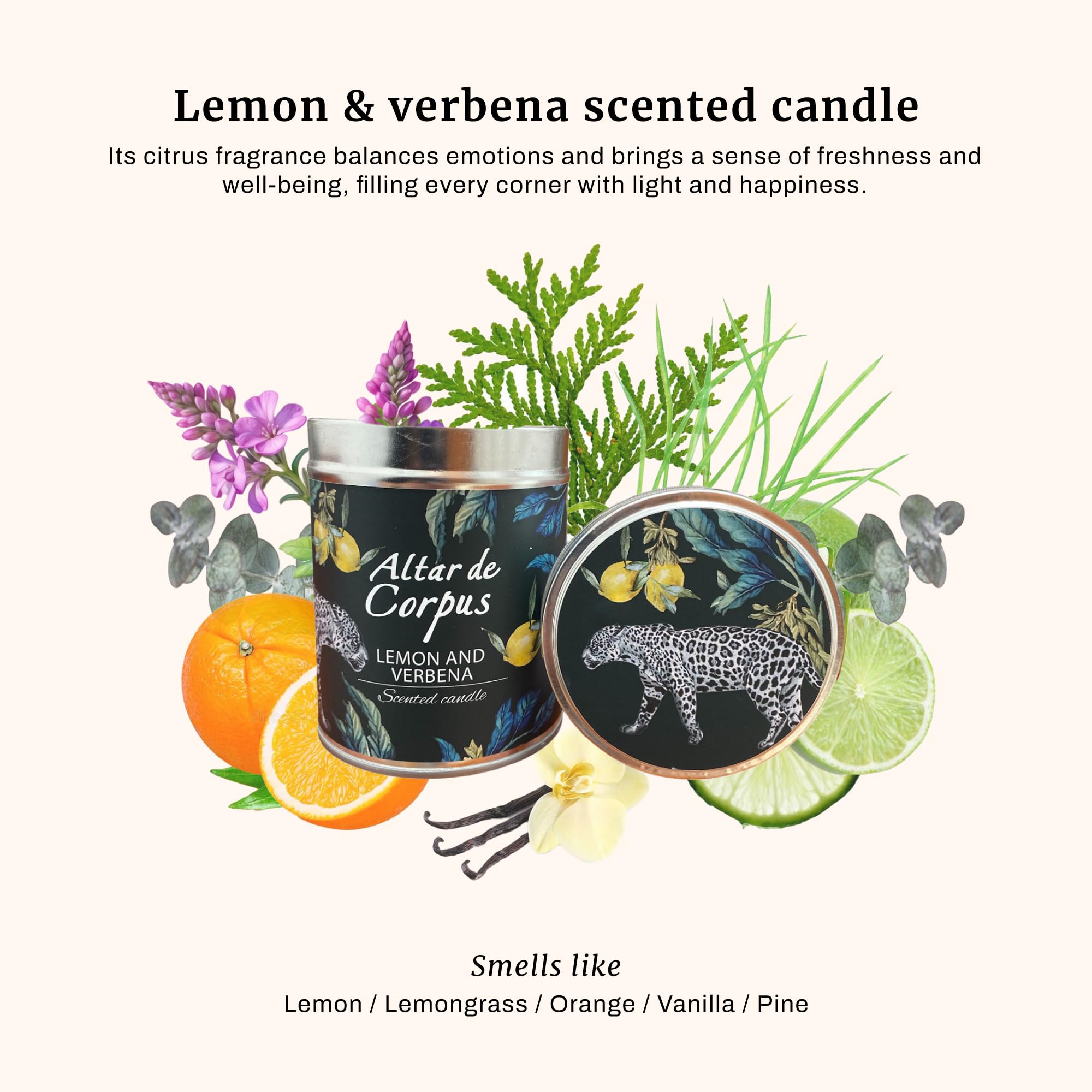 Altar de Corpus citrus-aroma candle in decorative tin, perfect for living spaces