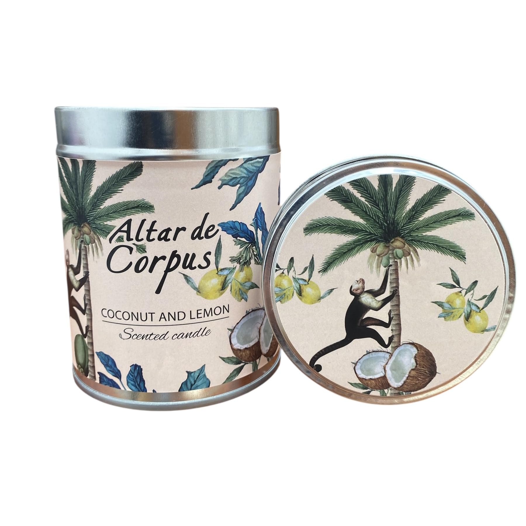 Altar de Corpus coconut lemon candle in tin delivers tropical aroma for relaxing evenings.