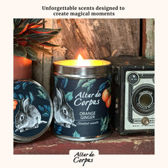 Altar de Corpus orange-ginger candle Colombian-inspired label reflects natural beauty.