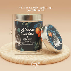 Altar de Corpus orange-ginger candle cotton wick closeup ensures smooth burn.