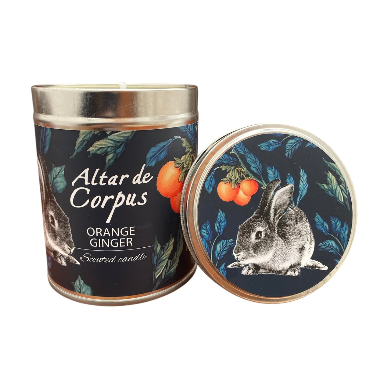 Altar de Corpus orange-ginger candle label with vibrant art for eco-conscious home decor.