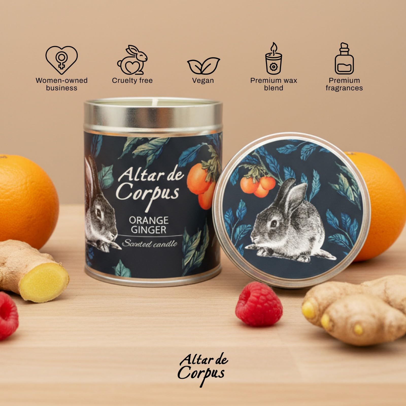 Altar de Corpus orange-ginger candle tin decoration showcases durable, reusable container.