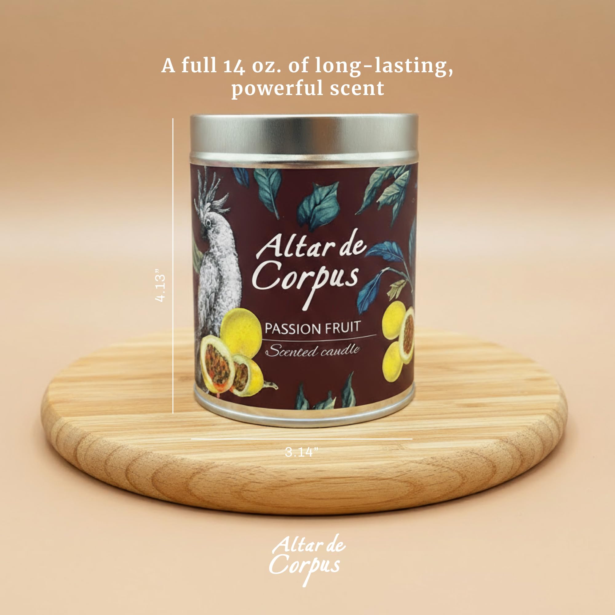 Elegant tin design of Altar de Corpus Passion Fruit Candle adds chic decor