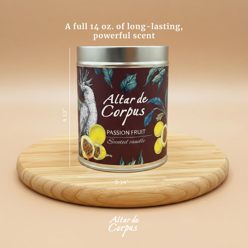 Elegant tin design of Altar de Corpus Passion Fruit Candle adds chic decor