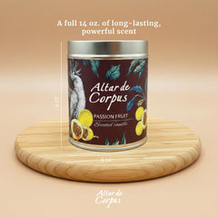 Elegant tin design of Altar de Corpus Passion Fruit Candle adds chic decor