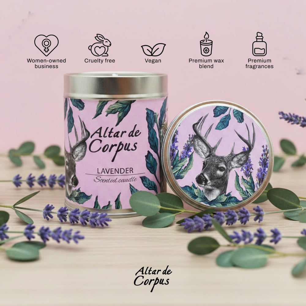 Altar de Corpus premium soy wax tin provides smooth fragrance and steady burn.