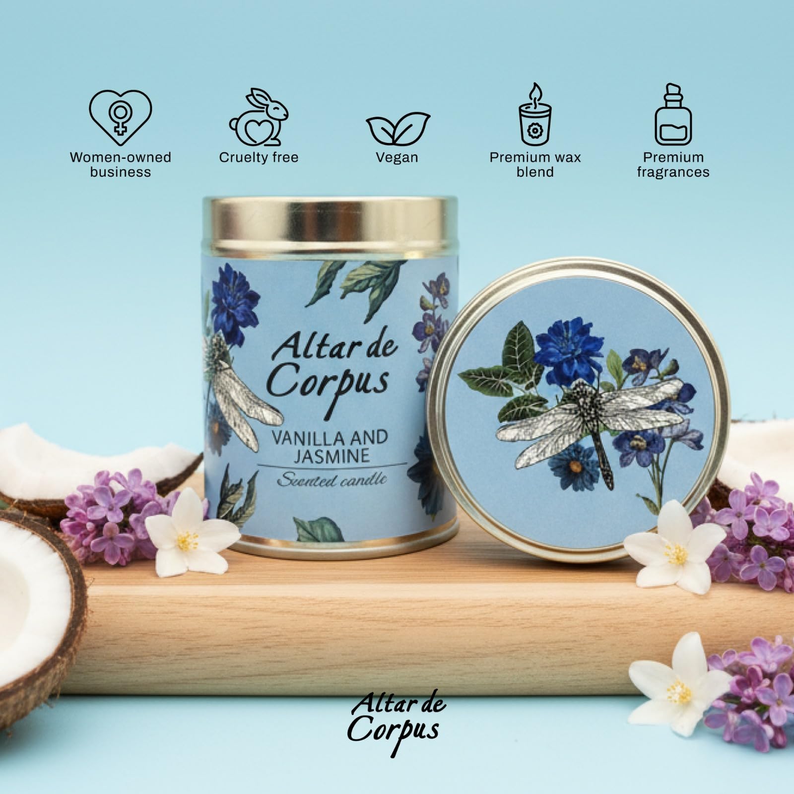 Altar de Corpus vanilla jasmine candle close-up shows premium soy wax.