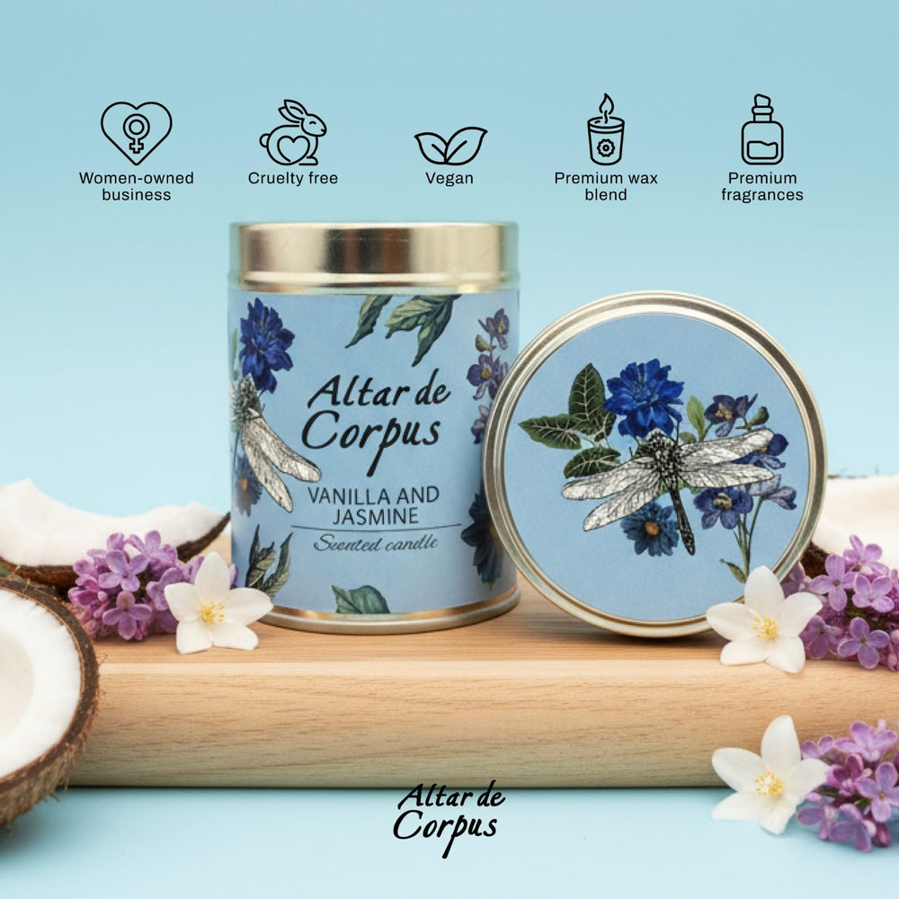 Altar de Corpus vanilla jasmine candle close-up shows premium soy wax.