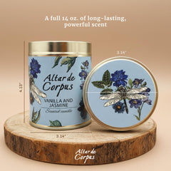 Altar de Corpus vanilla jasmine candle flame adds a warm, inviting glow.