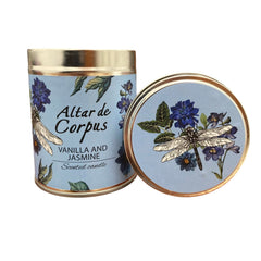 Altar de Corpus vanilla jasmine candle tin with long-lasting fragrance for cozy spaces.