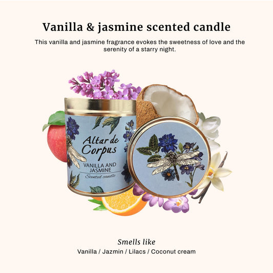 Altar de Corpus vanilla jasmine candle wick burns clean for serene evenings.