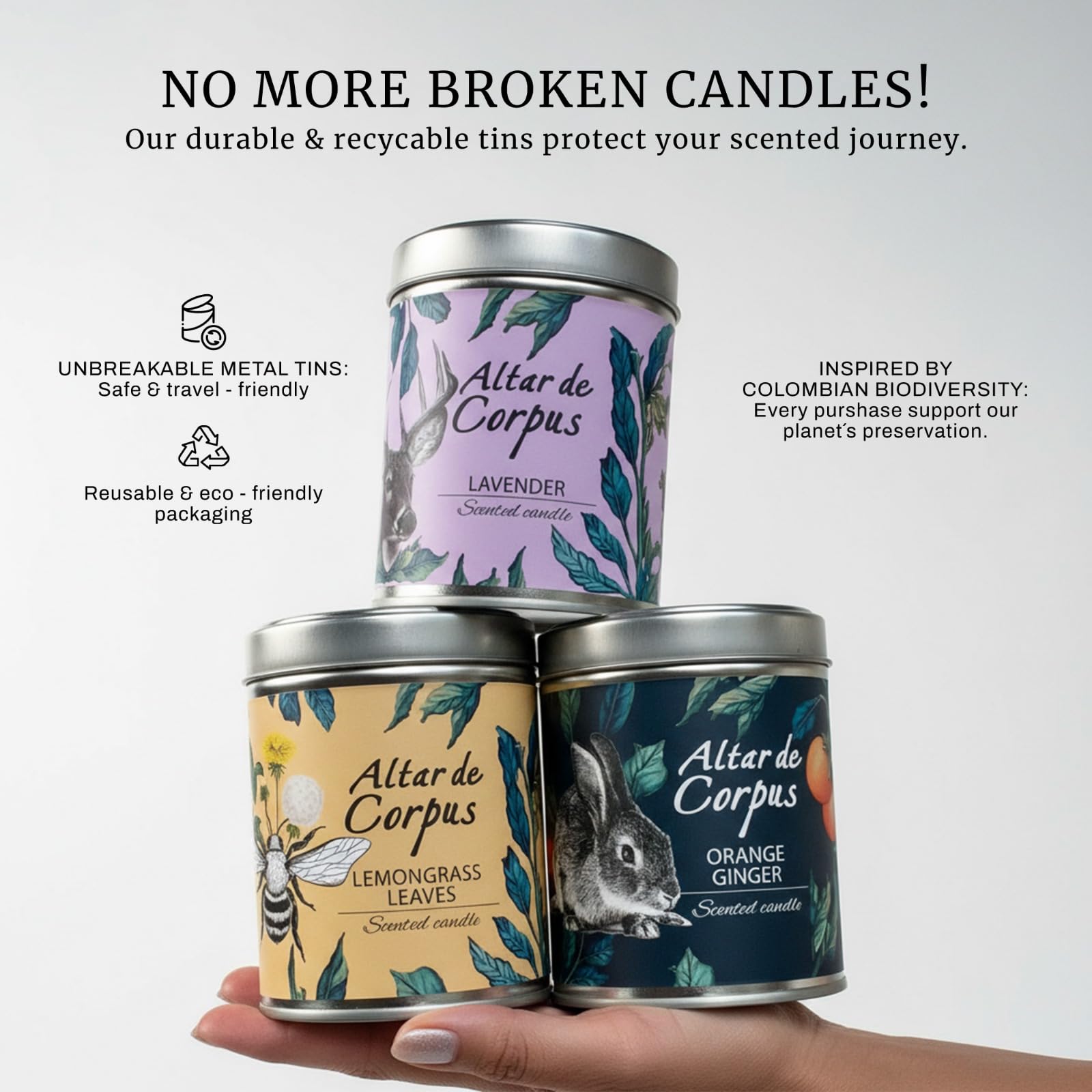 Altar de Corpus women-owned brand candle from Colombia with vibrant labels.