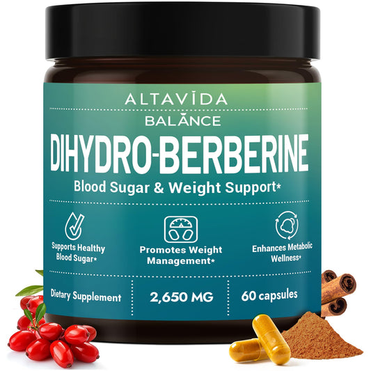 Altavida Dihydroberberine bottle pour showing easy daily use for metabolic wellness.