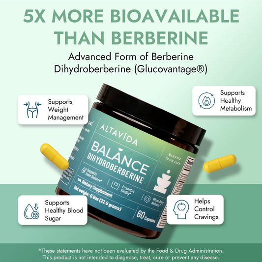 Altavida Dihydroberberine capsules closeup highlighting convenient capsules for ongoing support.