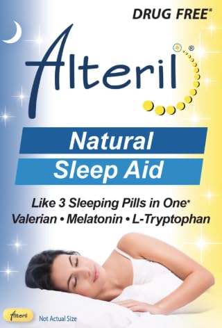 Alteril Sleep Aid Tabs 120 bottle on a nightstand promoting a calmer bedtime routine