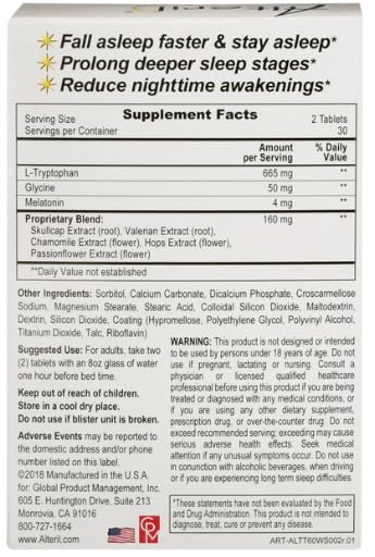 Alteril sleep aid tabs close-up label showing easy-to-swallow tablets for night use