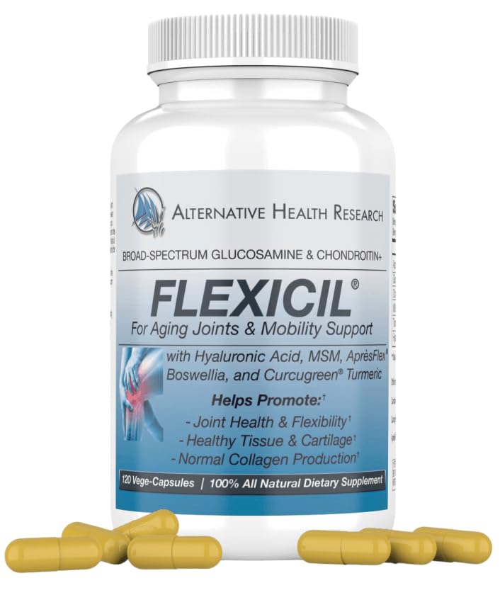 Alternative Health Research Flexicil bottle on display for joint support.