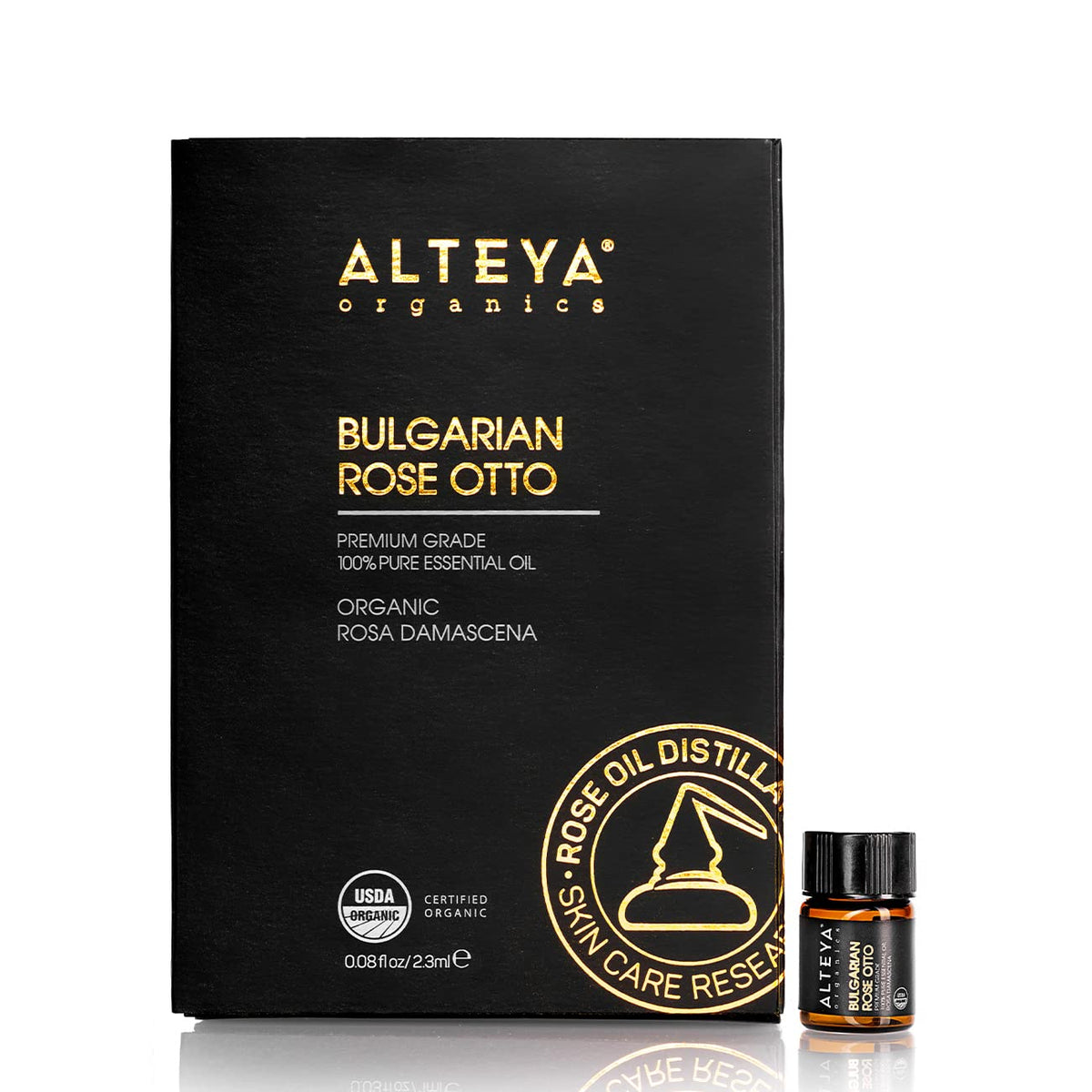 Alteya Organics Rose Essential Oil bottle closeup, highlighting the pure Bulgarian Rose Otto aroma for diffusing.