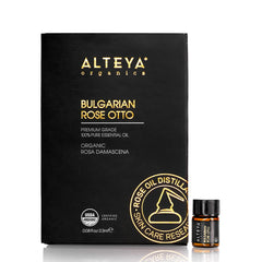 Alteya Organics Rose Essential Oil bottle closeup, highlighting the pure Bulgarian Rose Otto aroma for diffusing.