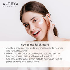 Alteya Organics Rose Essential Oil drop on skin swatch suggesting gentle aroma.