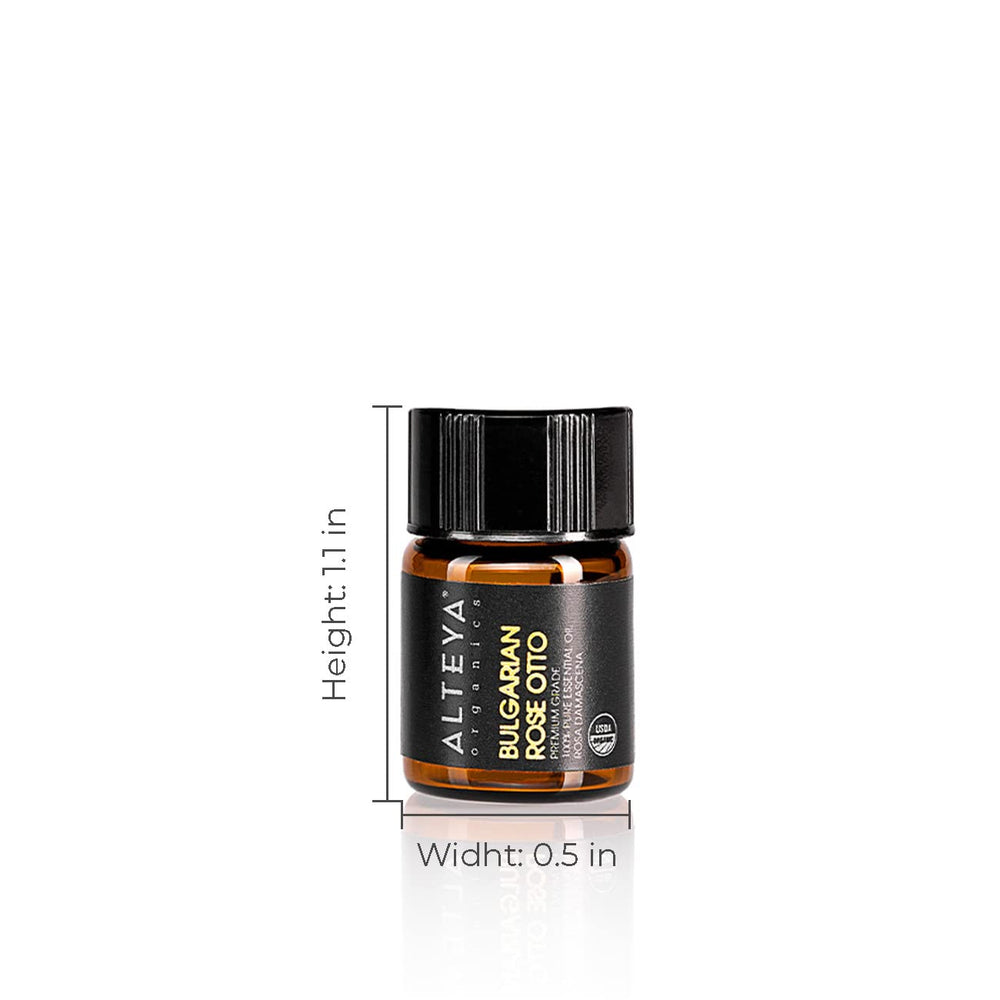 Alteya Organics Rose Essential Oil packaging displaying the USDA Organic logo and purity cues.