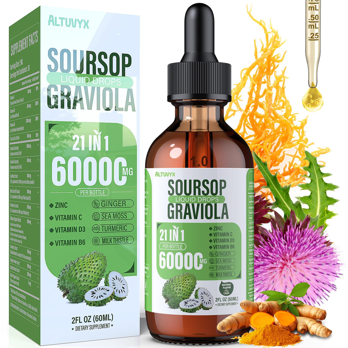 Altuvyx 21-in-1 Soursop Liquid bottle pour for convenient daily dosing and broad wellness support.