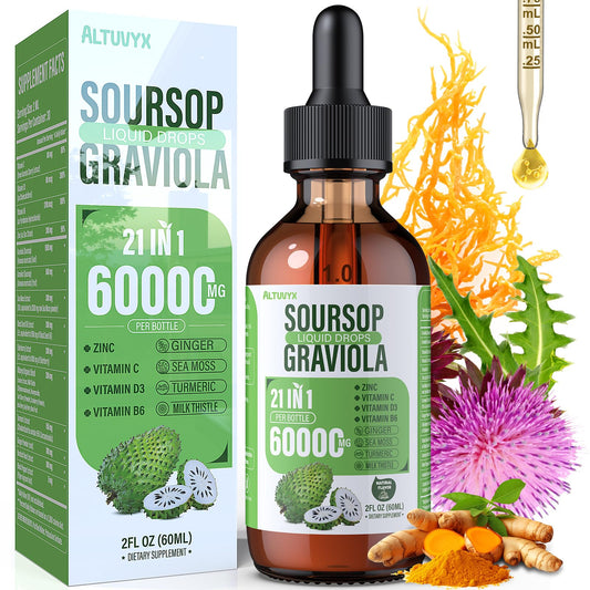 Altuvyx 21-in-1 Soursop Liquid bottle pour for convenient daily dosing and broad wellness support.