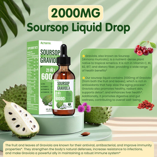 Altuvyx Soursop Liquid bottle pour demonstrates easy dosing for daily use.