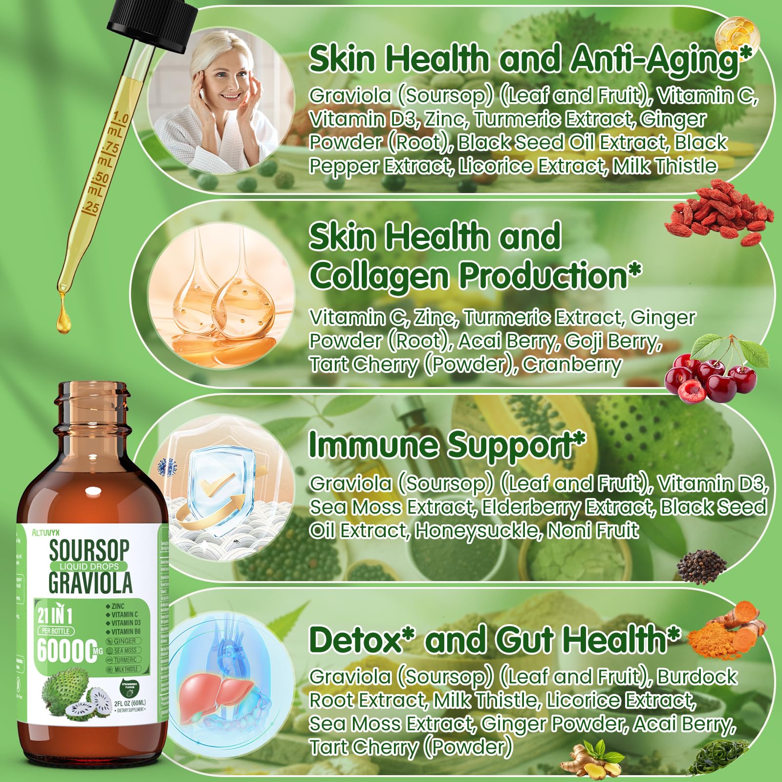 Altuvyx Soursop Liquid label ingredients emphasize vitamins and minerals.