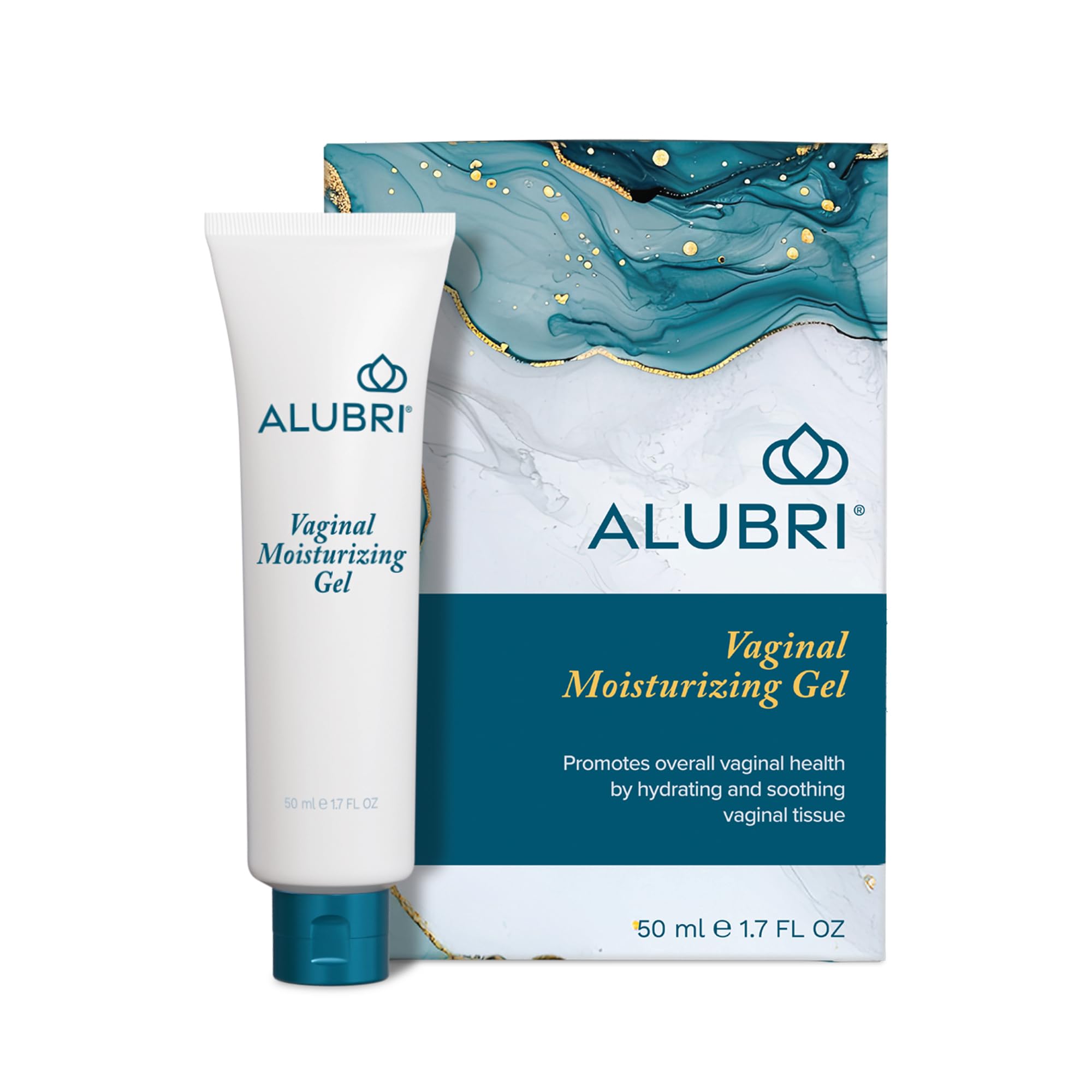 Alubri Vaginal Moisturizing Gel packaging shown for discreet storage and easy access.