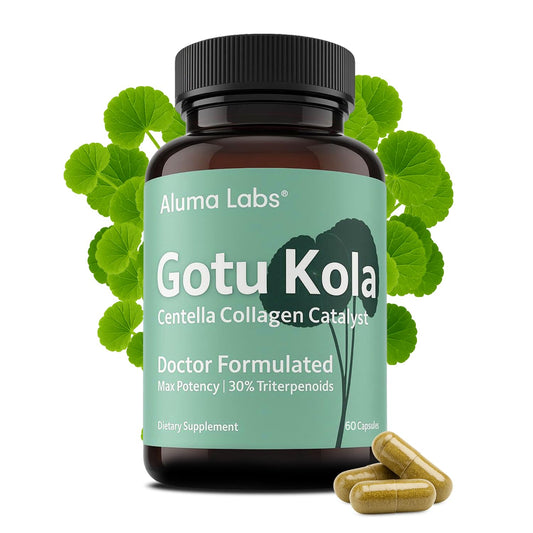 Aluma Labs Gotu Kola capsules bottle showing premium packaging for skin-supporting nutrition.
