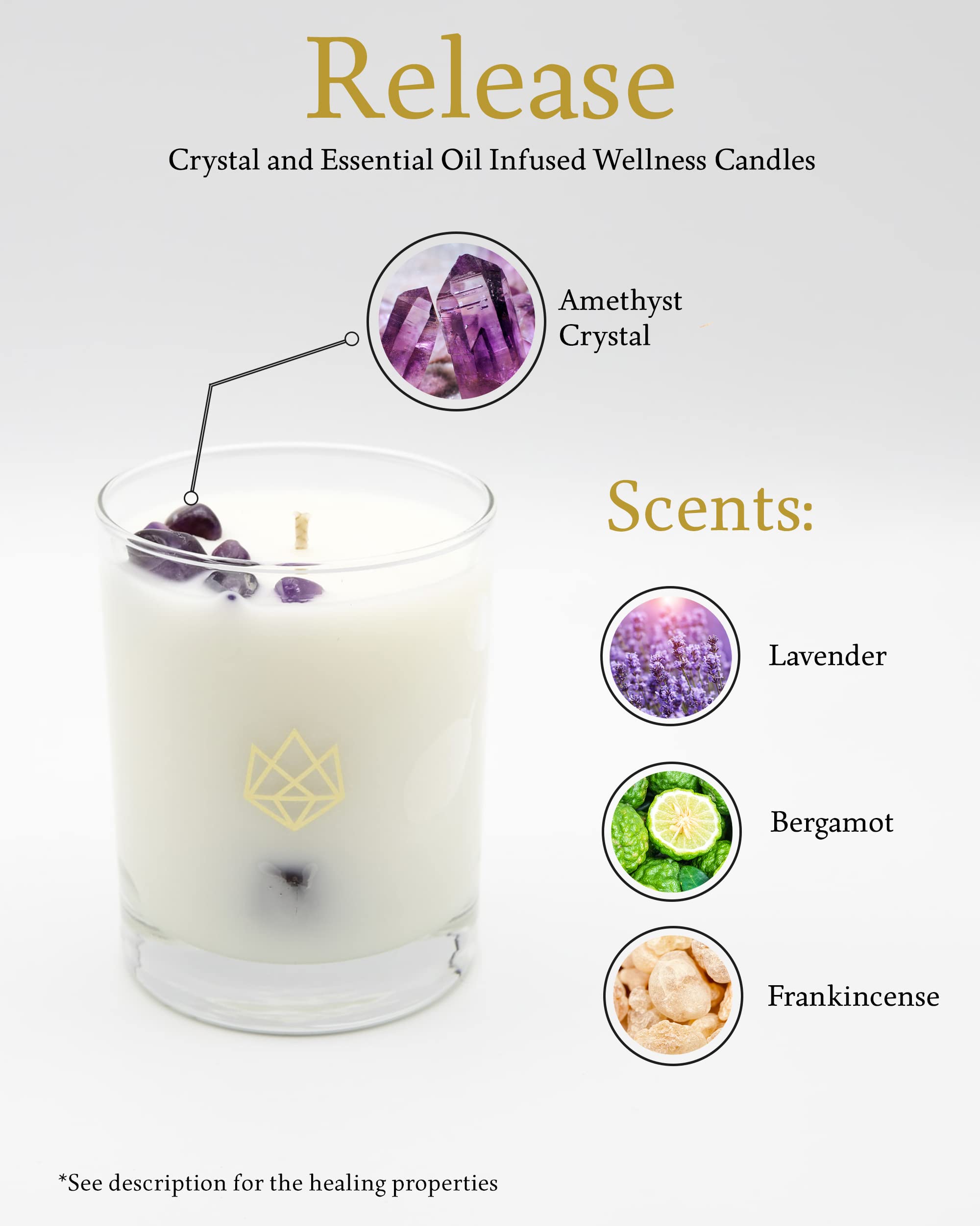 Aluminate Life amethyst crystal infusion adds decorative charm to the candle.