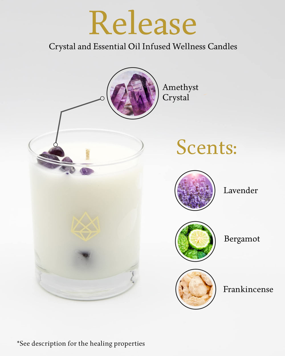 Aluminate Life amethyst crystal infusion adds decorative charm to the candle.