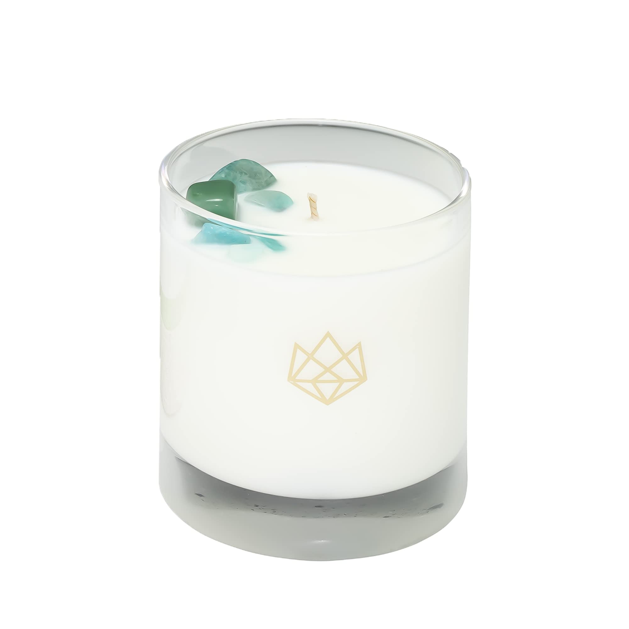 Aluminate Life Bloom candle with Amazonite crystal visible for calming rituals.