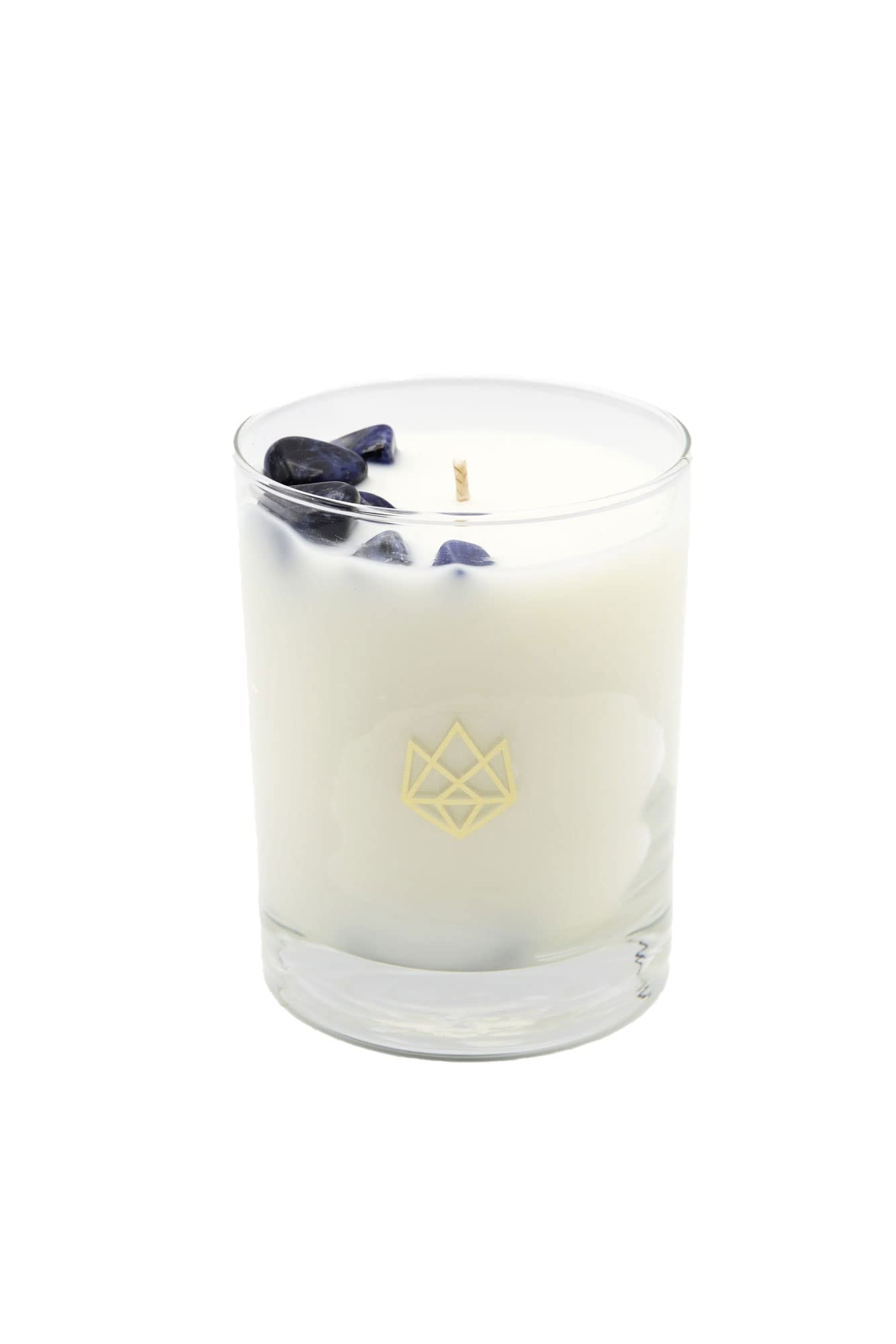 Aluminate Life Calm Sodalite candle close-up with crystal for tranquil ambience