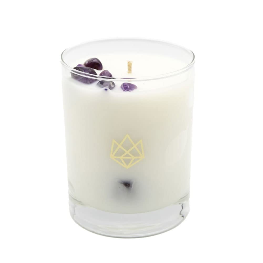 Aluminate Life amethyst crystal infused candle in a 14.5 oz jar for relaxing spaces.